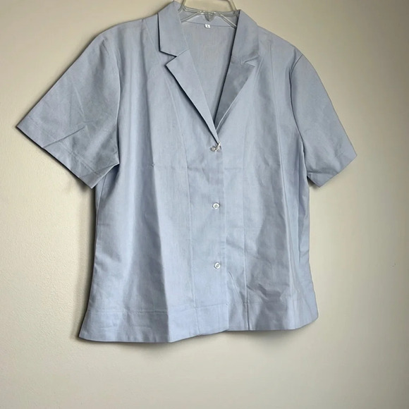 Womens Casual Button Down Shirt Linen Collared Short Sleeve Blouse V Neck Tops - Picture 5 of 8